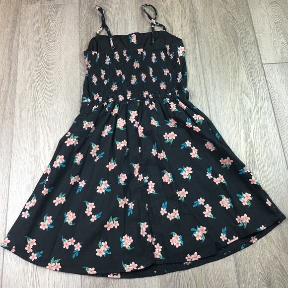 Hollister Woven Floral Button Smocked Back Mini A-line Dress Black Small - Picture 2 of 6